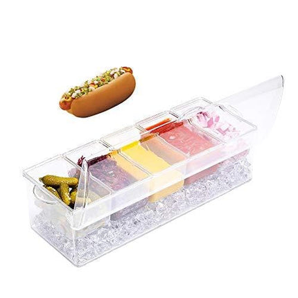 MJM condiment server, condiment tray, ice party serving bar, chilled caddy, bar garnish holder on ice, condiment dispenser, salad platter, compartment condiment tray with lid