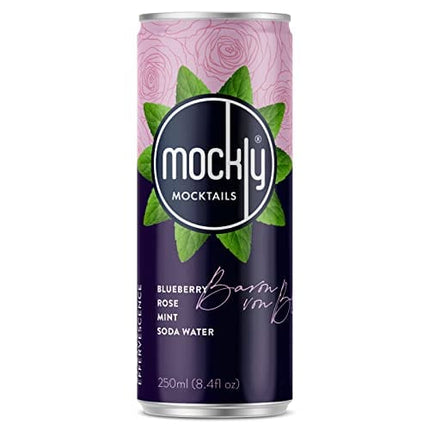 Mockly Baron von Blue Booze-Free Cocktail | Ready To Drink Non-Alcoholic Cocktail | Mocktail Drink Mixer | Blueberry Rose Mint Soda | Zero Proof | 4-Pack