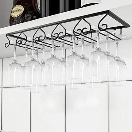 MOCOUM Wine Glasses Rack Under Cabinet Stemware Rack, Wine Glass Hanger Rack Wire Wine Glass Holder Storage Hanger for Cabinet Kitchen Bar (Black, 5 Rows 1 Pack)
