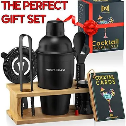 Mixology Bartender Kit with Stand | Black Bar Set Cocktail Shaker Set for Drink Mixing - Bar Tools: Martini Shaker, Jigger, Strainer, Bar Mixer Spoon, Tongs, Opener | Best Bartender Kit for Beginners