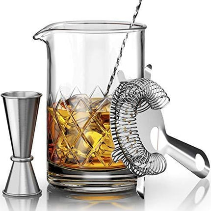 MOFADO Crystal Cocktail Mixing Glass Set - 4 Piece - 18oz 550ml Thick Bottom Crystal Mixing Glass, Spoon, Jigger, Strainer - Perfect for Amateurs & Pros - Makes a Great Gift