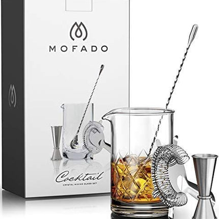 MOFADO Crystal Cocktail Mixing Glass Set - 4 Piece - 18oz 550ml Thick Bottom Crystal Mixing Glass, Spoon, Jigger, Strainer - Perfect for Amateurs & Pros - Makes a Great Gift