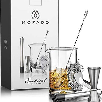 MOFADO Crystal Cocktail Mixing Glass Set - 5 Piece - 18oz 550ml Thick Bottom Crystal Mixing Glass, Spoon, Jigger, Strainer & Muddler - Professional Quality - Makes a Great Gift 