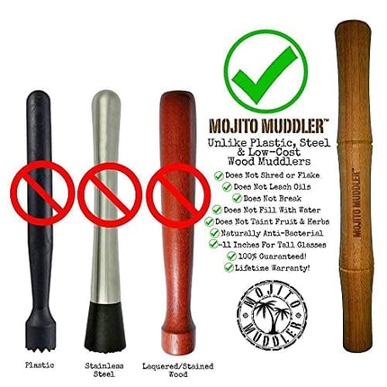Mojito Muddler 11" Professional Grade Bamboo - Won’t Shred or Taint Like Other Cheap Muddlers (Bartenders Love It!) 100% Food Grade Materials