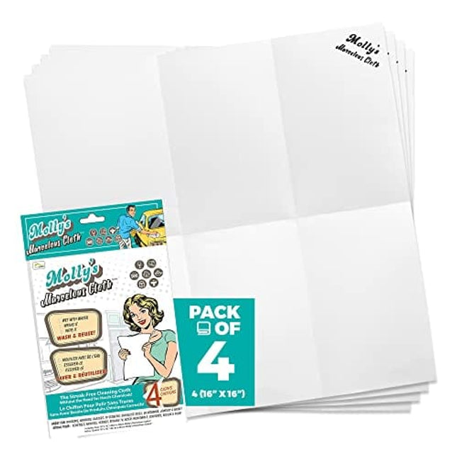 Molly's Marvelous Cloth, Streak-Free, Lint-Free Microfiber Cleaning Cloth, Polishing Cloth for Glass, Stainless Steel, Use for Kitchen, Bath, Cars, Detailing, Reusable (4pk, White)