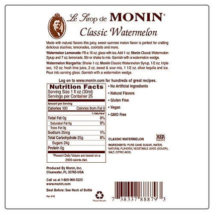 Monin - Classic Watermelon Syrup, Juicy and Sweet, Great for Sodas and Lemonades, Gluten-Free, Non-GMO (750 ml)