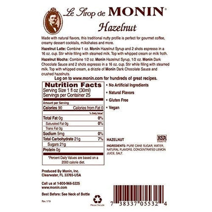 Monin - Hazelnut Syrup, Nutty Taste of Caramelized Hazelnut, Natural Flavors, Great for Mochas, Lattes, Smoothies, Shakes, and Cocktails, Non-GMO, Gluten-Free (750 ml)
