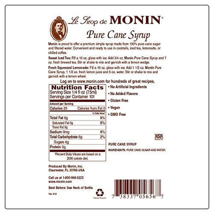 Monin - Pure Cane Syrup, Pure and Sweet, Great for Coffee, Tea, and Specialty Cocktails, Gluten-Free, Non-GMO (750 ml)