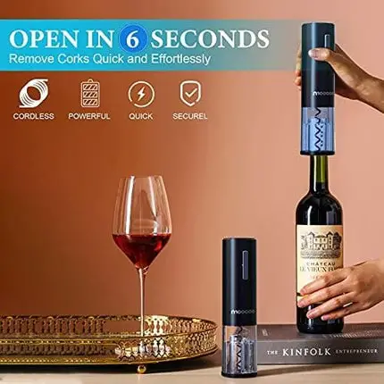 Electric Wine Opener with Charging Base, Moocoo Cordless Electric Wine Bottle Opener with 2-in-1 Aerator &Pourer, Foil Cutter, 2 Vacuum Preservation Stoppers, Display Charging Station for Easy Storage