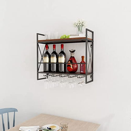 MORITIA Industrial Wall Mounted Wine Rack with 5 Glass Goblet Holder, Rustic 2 Tier Metal and Wood Hanging Wine Rack Floating Shelf, 23.6W x 7.9D x 21.2H inch