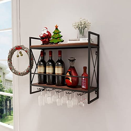 MORITIA Industrial Wall Mounted Wine Rack with 5 Glass Goblet Holder, Rustic 2 Tier Metal and Wood Hanging Wine Rack Floating Shelf, 23.6W x 7.9D x 21.2H inch