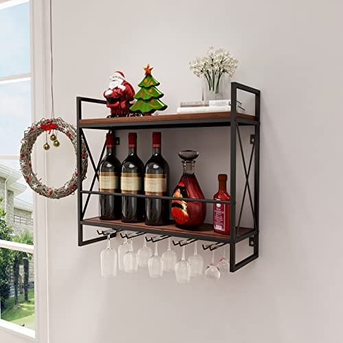 MORITIA Industrial Wall Mounted Wine Rack with Glass Goblet