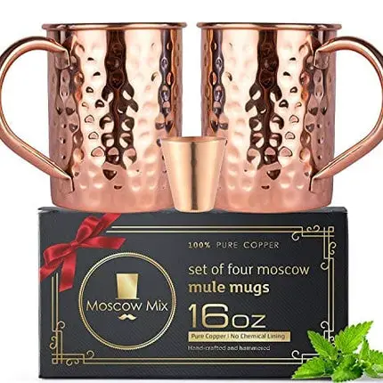 Moscow Mule Copper Mugs Set - FREE 2 Straws and Shot Glass - Set of 2 HandCrafted Food Safe Pure Solid Copper Mugs - Attractive GIFT BOX (Classic)