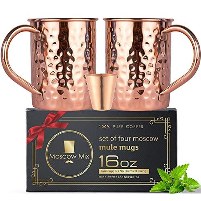 Moscow Mule Copper Mugs Set - FREE 2 Straws and Shot Glass - Set of 2 HandCrafted Food Safe Pure Solid Copper Mugs - Attractive GIFT BOX (Classic)