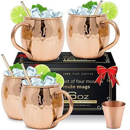 Moscow Mule Copper Mugs - Set of 4 PURE COPPER Solid Food Safe Copper Cups - 16 Oz Gift Box with Copper Mugs, Copper Straws and Copper Shot Glass Measuring Cup
