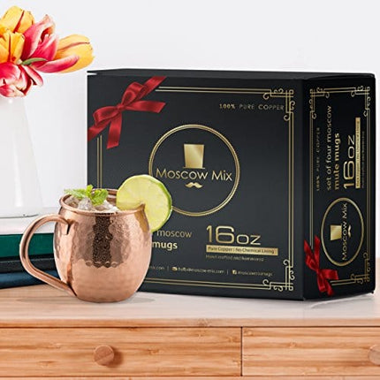 Moscow Mule Copper Mugs - Set of 4 PURE COPPER Solid Food Safe Copper Cups - 16 Oz Gift Box with Copper Mugs, Copper Straws and Copper Shot Glass Measuring Cup