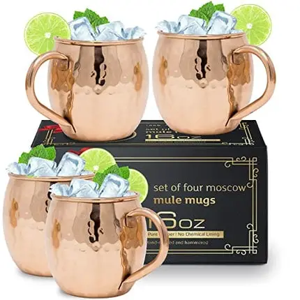 Moscow Mule Mugs Set of 4 | 100% Pure Copper Plated Stainless Steel Moscow Mule Cups Set of 4 | Cocktail Driniking Mugs Gift Set