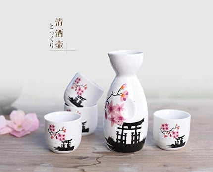 Japanese Ceramic Sake Set ~ 5 Piece Sake Set (Included 1 TOKKURI bottle and 4 OCHOKO cups) Sakura Flower Pattern Sake Wine Service Set