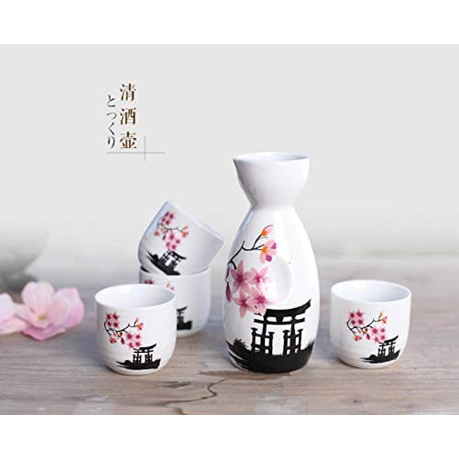 Japanese Ceramic Sake Set ~ 5 Piece Sake Set (Included 1 TOKKURI bottle and 4 OCHOKO cups) Sakura Flower Pattern Sake Wine Service Set