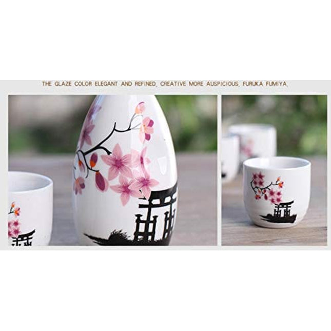 Japanese Ceramic Sake Set ~ 5 Piece Sake Set (Included 1 TOKKURI bottle and 4 OCHOKO cups) Sakura Flower Pattern Sake Wine Service Set