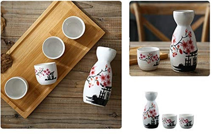 Japanese Ceramic Sake Set ~ 5 Piece Sake Set (Included 1 TOKKURI bottle and 4 OCHOKO cups) Sakura Flower Pattern Sake Wine Service Set