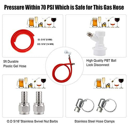 MRbrew 5FT Ball Lock Gas Line, Kegerator Sankey Keg Tap Draft Beer Homebrew I.D 5/16'' Ball Lock Quick Disconnect CO2 Dispensing Brewing Red Tubing Gas Hose Assembly with Nipple Barb and Hose Clamp
