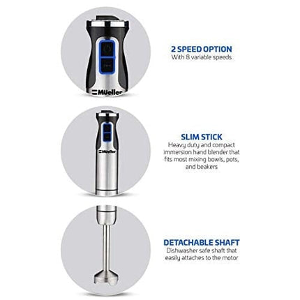 Mueller Austria Ultra-Stick 500 Watt 9-Speed Immersion Multi-Purpose Hand Blender Heavy Duty Copper Motor Brushed 304 Stainless Steel With Whisk, Milk Frother Attachments