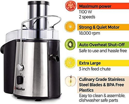 Mueller Austria Juicer Ultra 1100W Power, Easy Clean Extractor Press Centrifugal Juicing Machine, Wide 3" Feed Chute for Whole Fruit Vegetable, Anti-drip, High Quality, Large, Silver