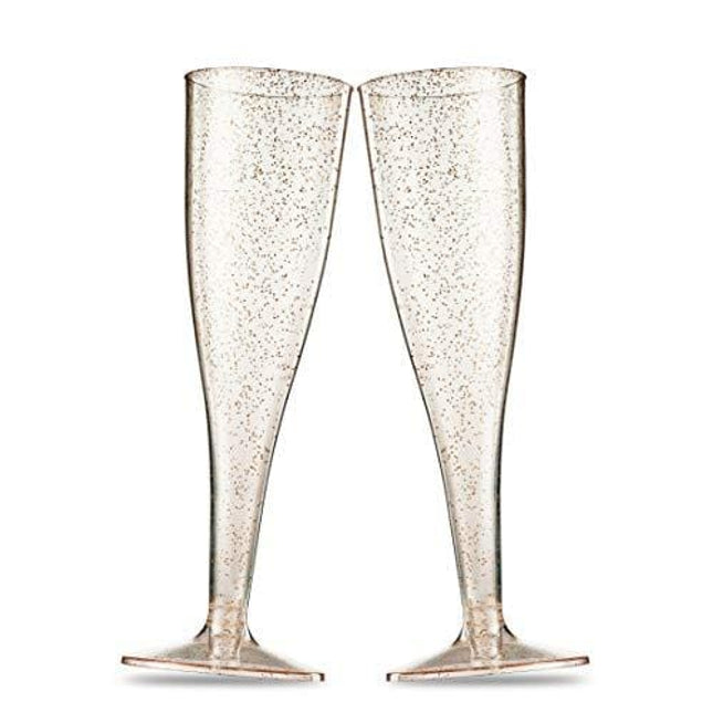 50 Gold Glitter Plastic Champagne Flutes 5 Oz Clear Plastic Toasting Glasses Disposable Wedding Party Cocktail Cups