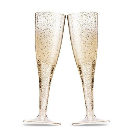 50 Gold Glitter Plastic Champagne Flutes 5 Oz Clear Plastic Toasting Glasses Disposable Wedding Party Cocktail Cups