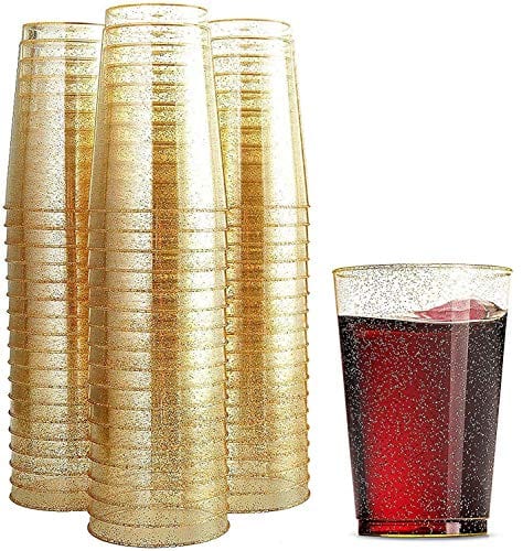 Munfix 100 Glitter Plastic Cups 12 oz Clear Plastic Cups Tumblers Gold Glitter Cups Disposable Wedding Cups Elegant Party Cups Recyclable and BPA-Free