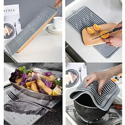Dish Mat Silicone Dish Drying Mats Works For Drying Stemware Cocktail Glasses Silverware Pots Pans Knives and Dish Rack for Kitchen Counter Sink Bar Pads Easy to Clean 17.3"*7.9"*0.2" (Gray)