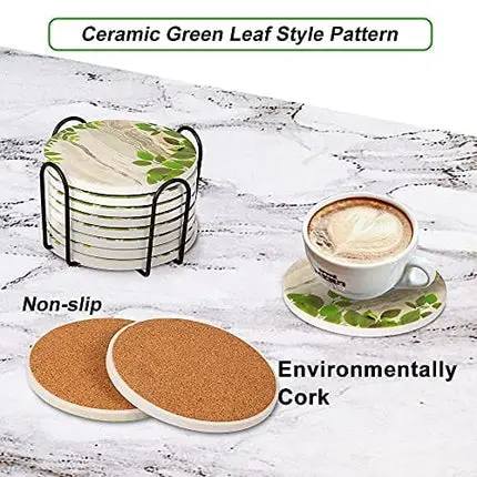 Coasters Set,Cute Green Leaf Ceramic Coaster,Coasters for Drinks Absorbent Funny,Coasters for Coffee Table,Coasters for Drinks Absorbent with Holder,The Best Gift for Friends Or Family