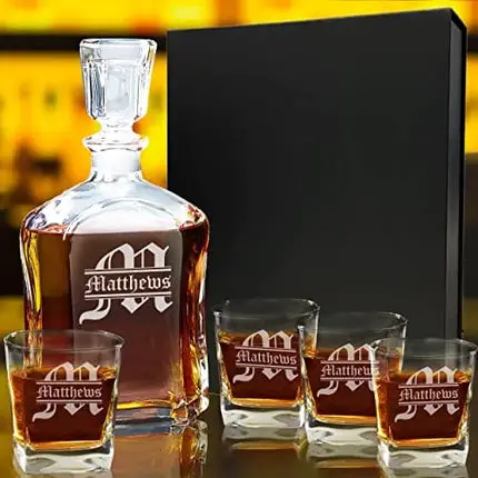 Personalized 5 pc Whiskey Decanter Set - Decanter and 4 Glasses Gift Set - Custom Engraved with Name and Initial