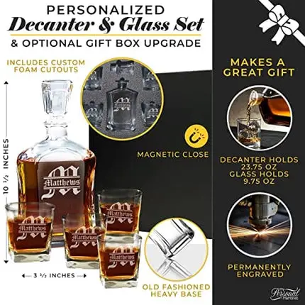 Personalized 5 pc Whiskey Decanter Set - Decanter and 4 Glasses Gift Set - Custom Engraved with Name and Initial