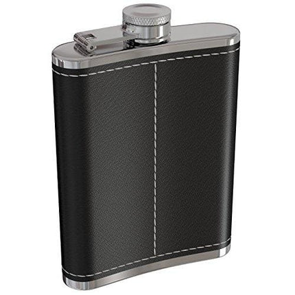 Flask for Liquor and Funnel - 8 Oz Leak Proof 18/8 Stainless Steel Pocket Hip Flask with Black Leather Cover for Discrete Shot Drinking of Alcohol, Whiskey, Rum and Vodka | Gift for Men