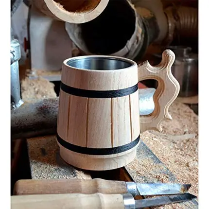 Handmade Beer Mug Oak Wood Stainless Steel Cup Box Natural 0.3L 10oz Classic Brown