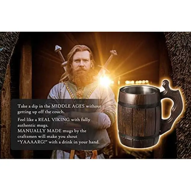Handmade Beer Mug Oak Wood Stainless Steel Cup Natural Eco-Friendly 0.6 liters 20 ounces Barrel Brown