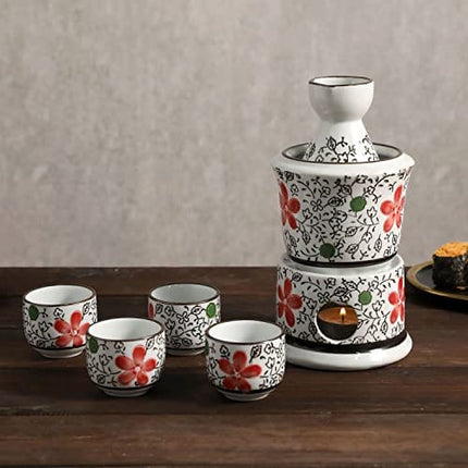 MyGift 7-Piece Ceramic Sake Warmer Hot Saki Set with Red Flower Design Includes Tokkuri Bottle Carafe, Ochoko Cups and Small Warmer Stove, Japanese Style Sake Wine Server Set