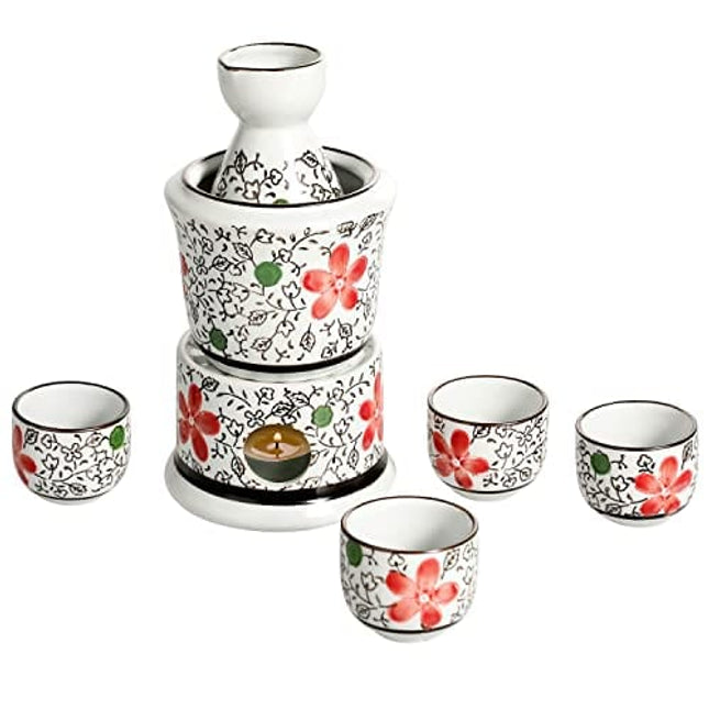 MyGift 7-Piece Ceramic Sake Warmer Hot Saki Set with Red Flower Design Includes Tokkuri Bottle Carafe, Ochoko Cups and Small Warmer Stove, Japanese Style Sake Wine Server Set