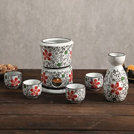 MyGift 7-Piece Ceramic Sake Warmer Hot Saki Set with Red Flower Design Includes Tokkuri Bottle Carafe, Ochoko Cups and Small Warmer Stove, Japanese Style Sake Wine Server Set