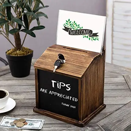 MyGift Rustic Burnt Wood Wall Mountable Restaurant Tip, Fundraising Donation Money Collection/Comment Ballot Box with Lock and Key, Clear Acrylic Sign Holder and Chalkboard Surface