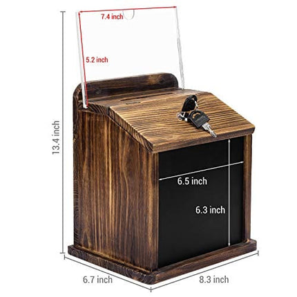 MyGift Rustic Burnt Wood Wall Mountable Restaurant Tip, Fundraising Donation Money Collection/Comment Ballot Box with Lock and Key, Clear Acrylic Sign Holder and Chalkboard Surface