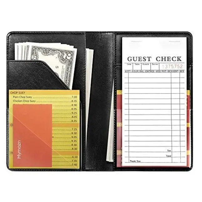 Waitress Server Book Wallet Organizer - Black -Bundled with Wine Opener - Waiter Pad for Restaurant Waitstaff - Fits Apron and Holds Receipts Money