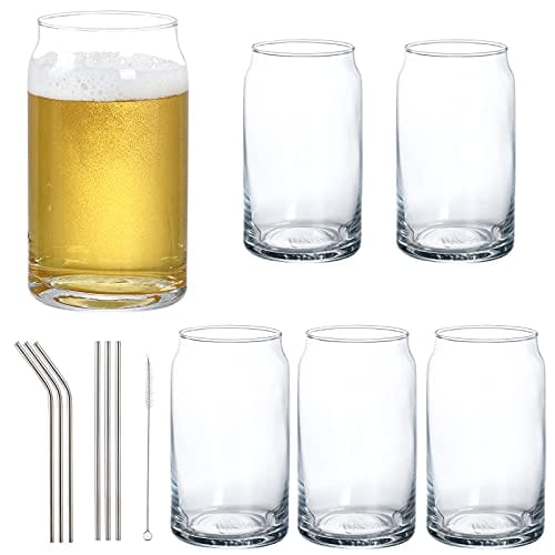 NETANY Drinking Glasses with Glass Straw 4pcs Set 16oz Can Shaped Glass Cup