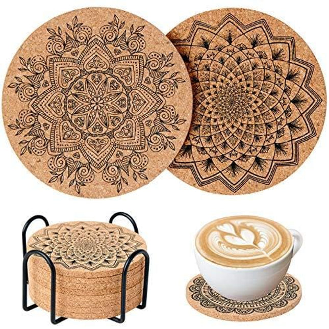 Coasters for Drinks, 8 Pieces Cork Coasters for Drinks Absorbent, Best Reusable Natural Round Coasters for Bar Glass Cup Table, Water Absorption, Non-Slip, Anti-Scalding