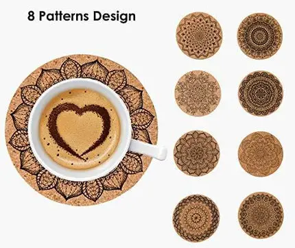 Coasters for Drinks, 8 Pieces Cork Coasters for Drinks Absorbent, Best Reusable Natural Round Coasters for Bar Glass Cup Table, Water Absorption, Non-Slip, Anti-Scalding