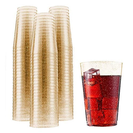 N9R 100pcs 12oz Gold Glitter Plastic Cups, Disposable Clear Plastic Cups Tumblers, Elegant for Wedding Cups and Party Cups