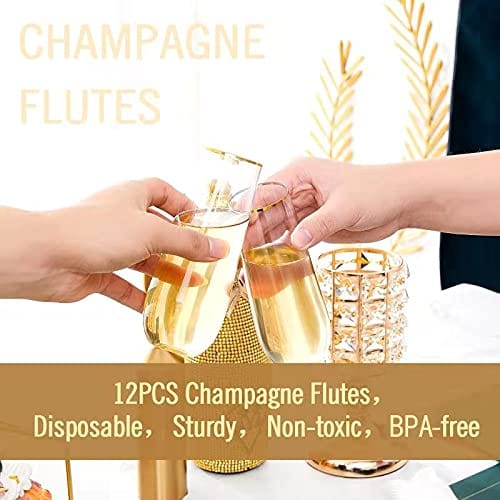 Munfix 48 Pack Stemless Plastic Champagne Flutes Disposable 9 oz Gold Rim Clear Plastic Toasting Glasses Shatterproof Recyclable and BPA-Free