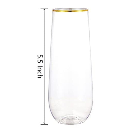 N9R 12 Pack Plastic Champagne Flutes, 9 oz Stemless Disposable Gold Rim Toasting Glasses, Crystal Clear Cocktail Cups Drinkware Shatterproof Ideal for Party Wedding Birthday